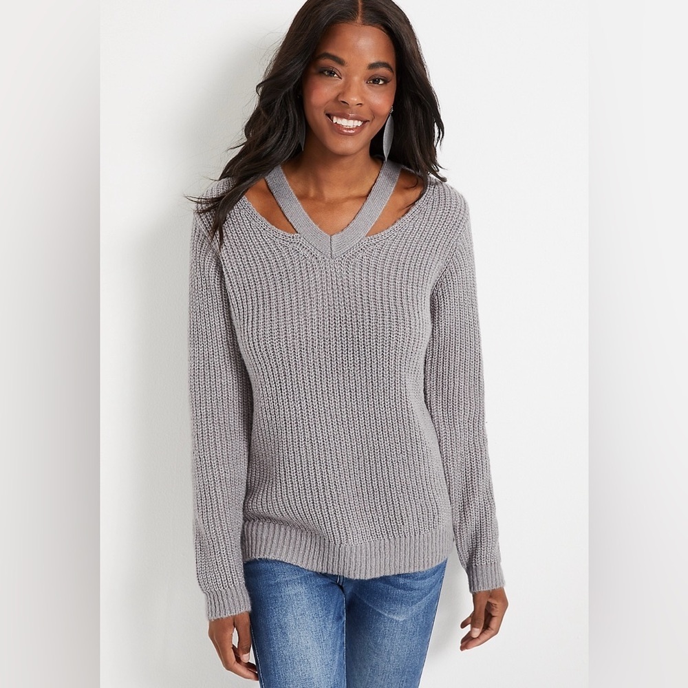 Maurices Gray V Neck Cut Out Sweater